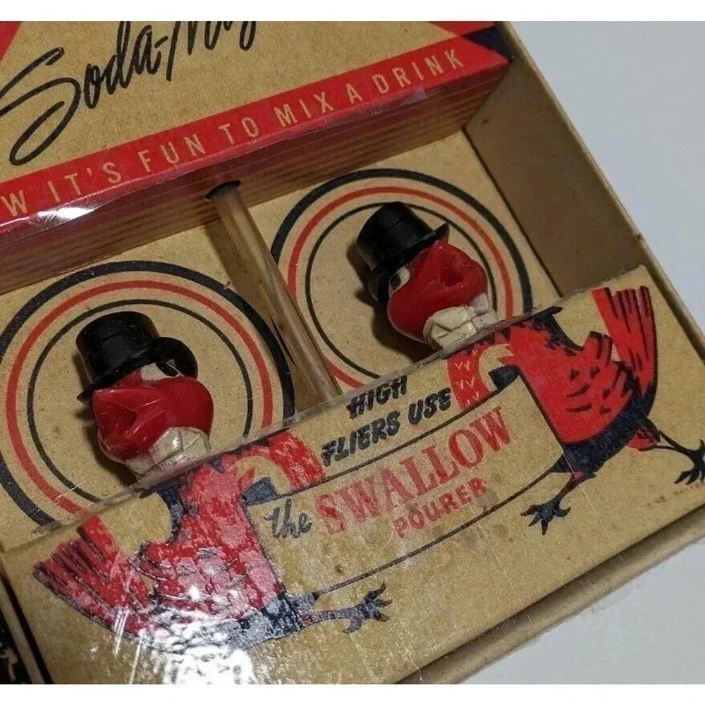 Vintage 1940s Drink Masters Delight Barware Set Swallow Pourer Soda Mizer Retro